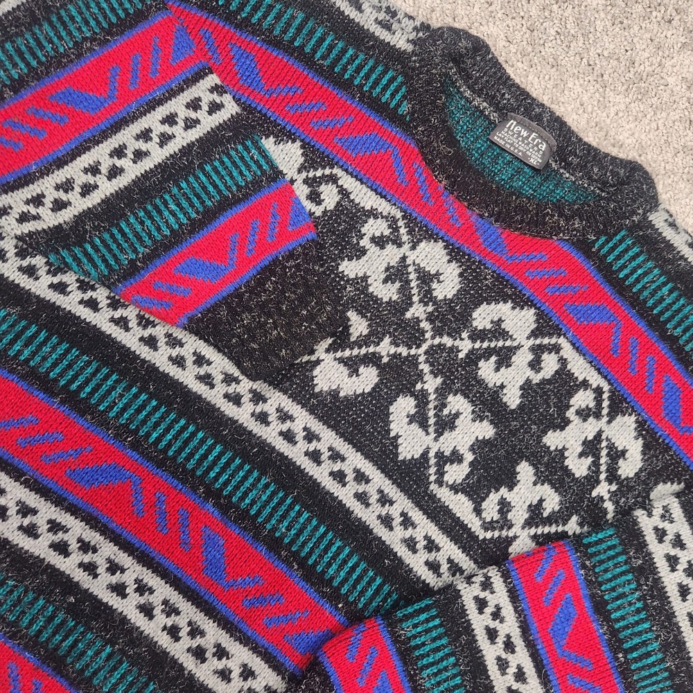 Vtg New Era Sweater XL USA Knit Pullover Retro 90s Colorblock Pattern Nordic‎